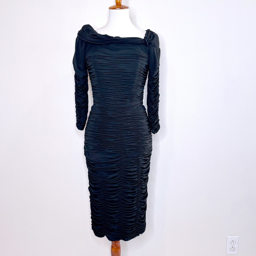 VICTOR COSTA NEIMAN-MARCUS Vtg Ruched Dress 6 Black Off‎ Shoulder Cocktail Party